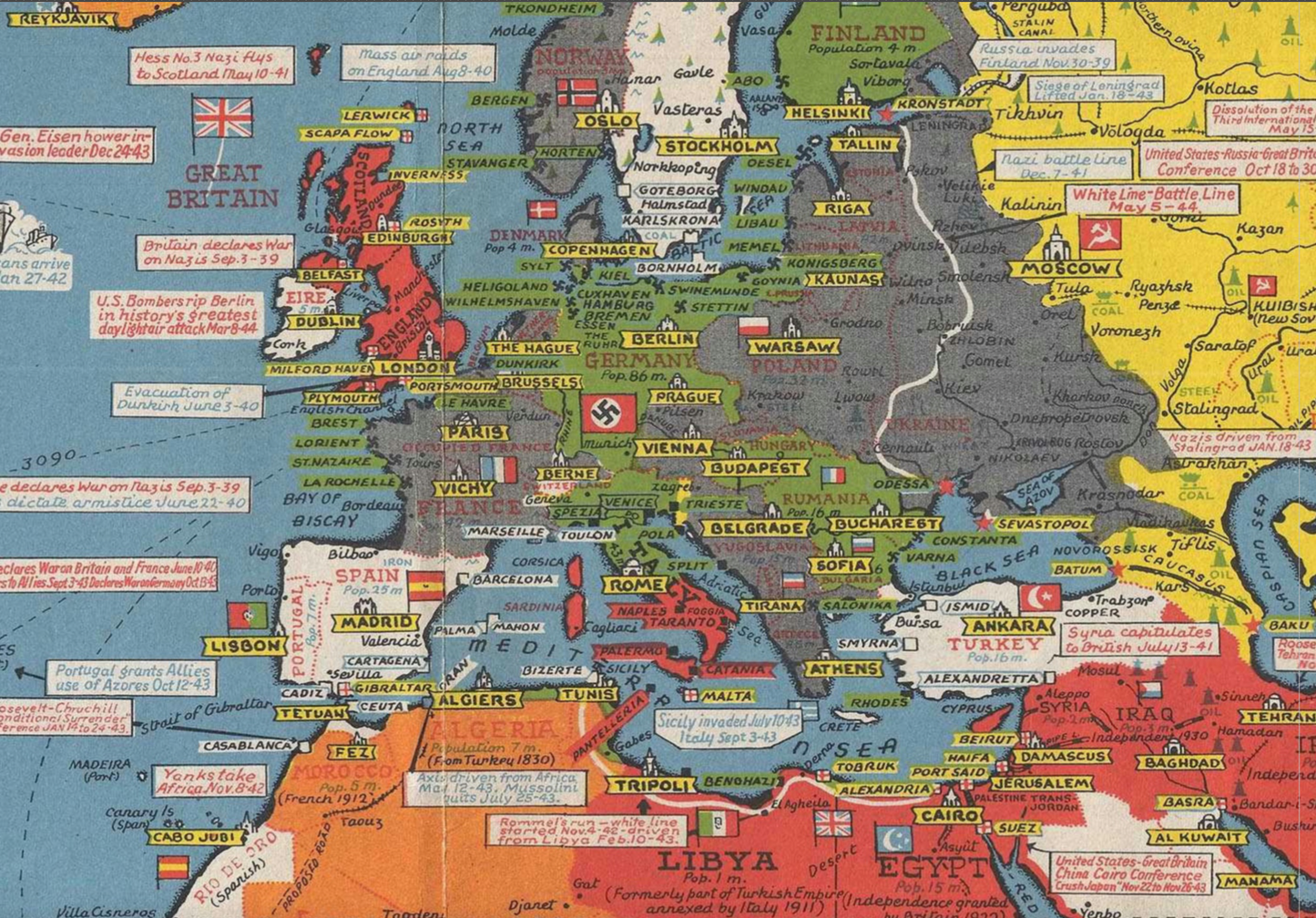 1944 WWII World Map - D-Day Landings - Stanley Turner 22"x50" Waterproof Poster