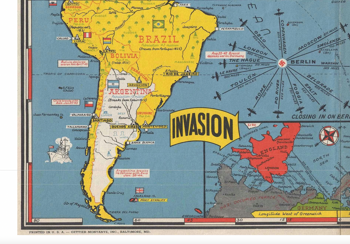 1944 WWII World Map - D-Day Landings - Stanley Turner 22"x50" Waterproof Poster