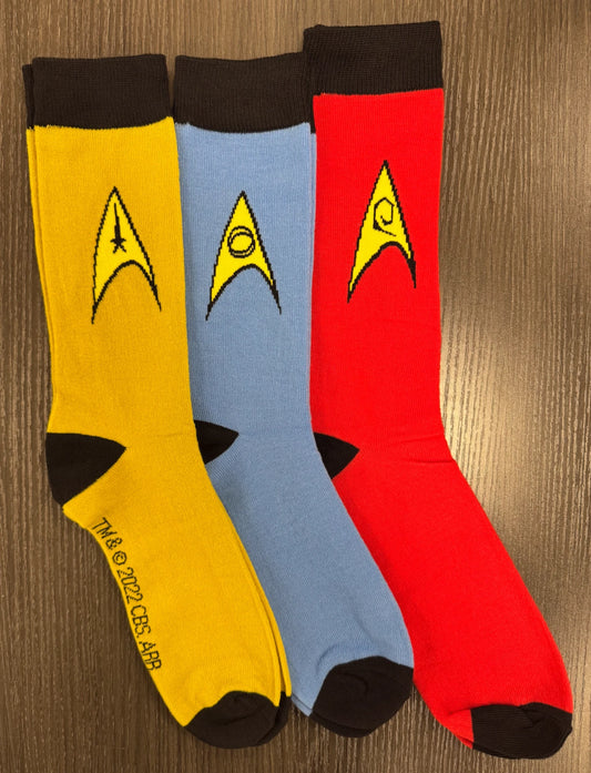 TOS Star Trek Socks 3pk - Kirk, Spock, 'The Man Trap' OSFA 7-12 - Redshirt Safe!