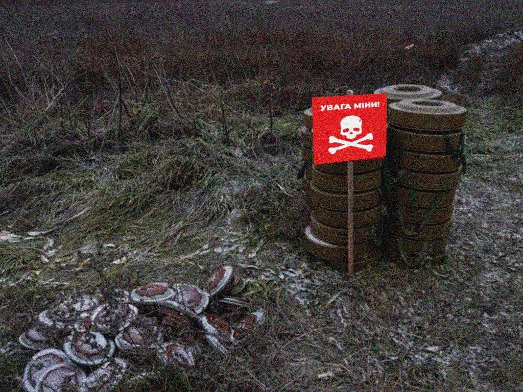 Danger Mines Sign Ukrainian - Ukraine Russia NATO Conflict Увага міни! Україна